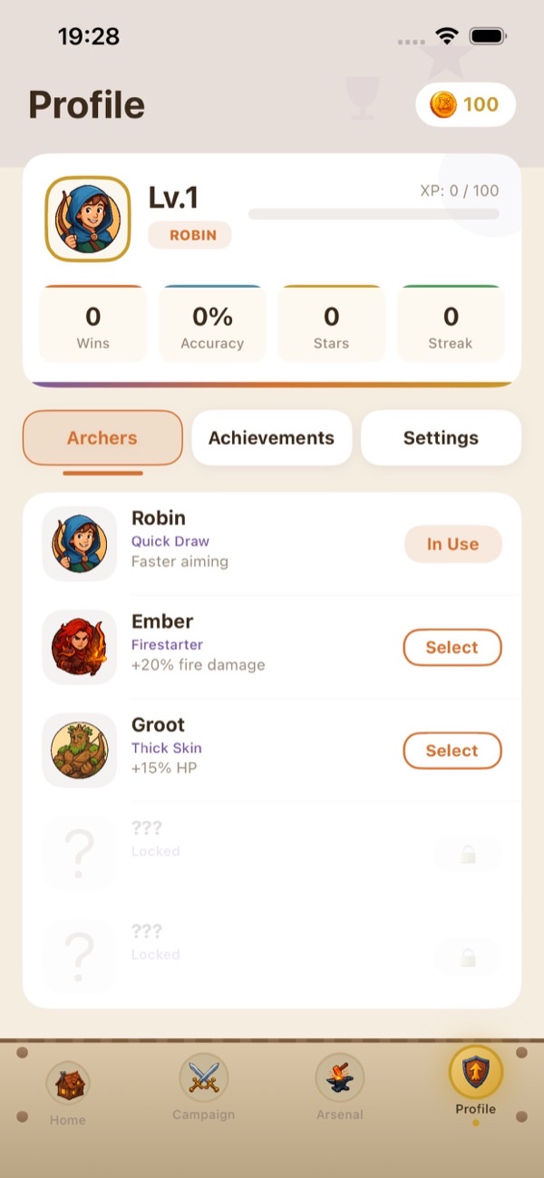 Profile screen with stats and archer roster